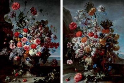 Karel Van Vogelaer : Tulips, morning-glories, carnations, lilies and other flowers, in an urn, an extensive landscape beyond; and Lilacs, tulips, roses, and other flowers in an urn, a coastal view beyond